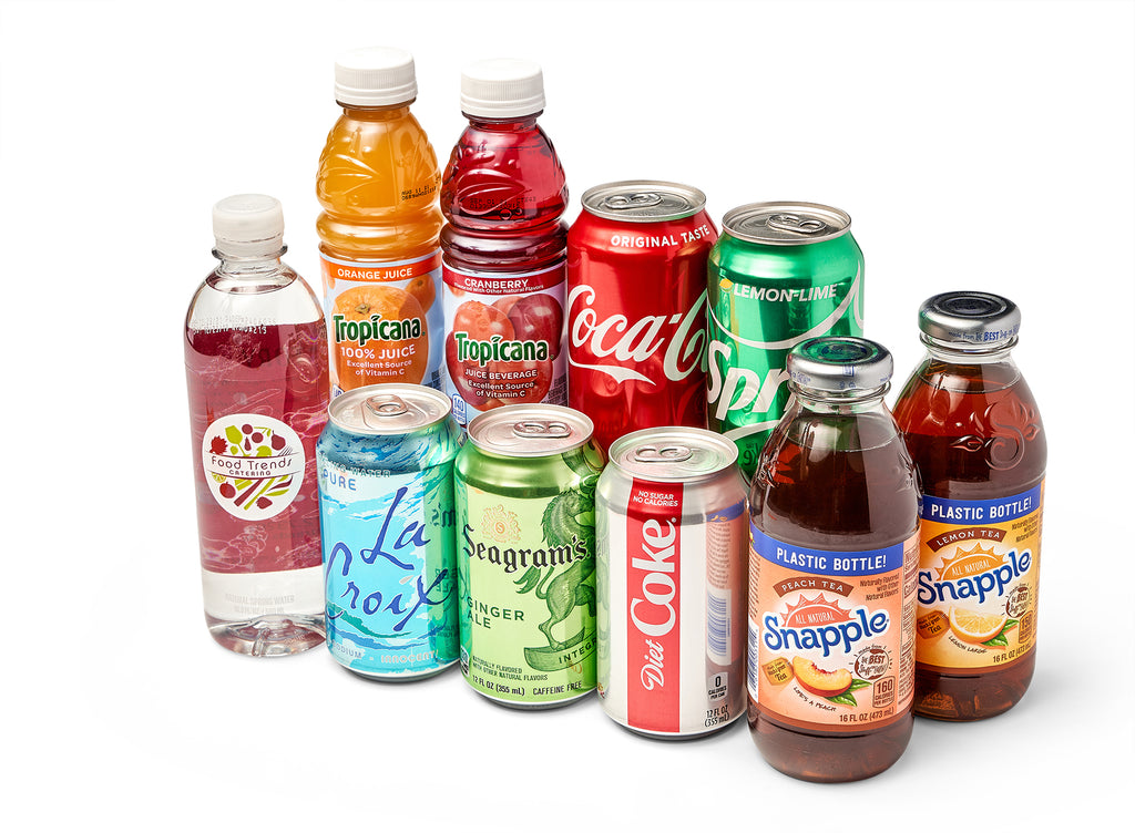 A variety of drinks are shown on a white background.