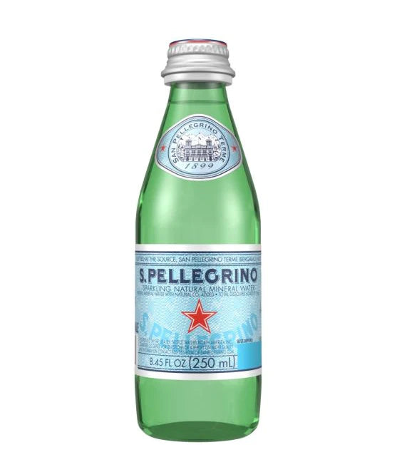 A 250ml glass bottle of Pellegrino Seltzer on a white background.