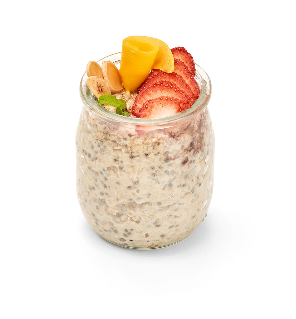 Chia Pudding Jar with strawberry and nuts.