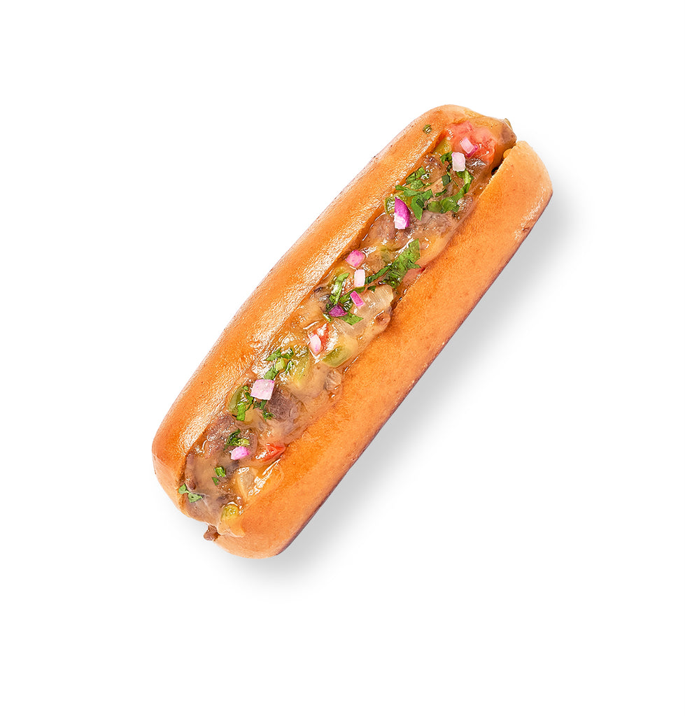 A Mini Philly Cheesesteak with toppings on a white background.