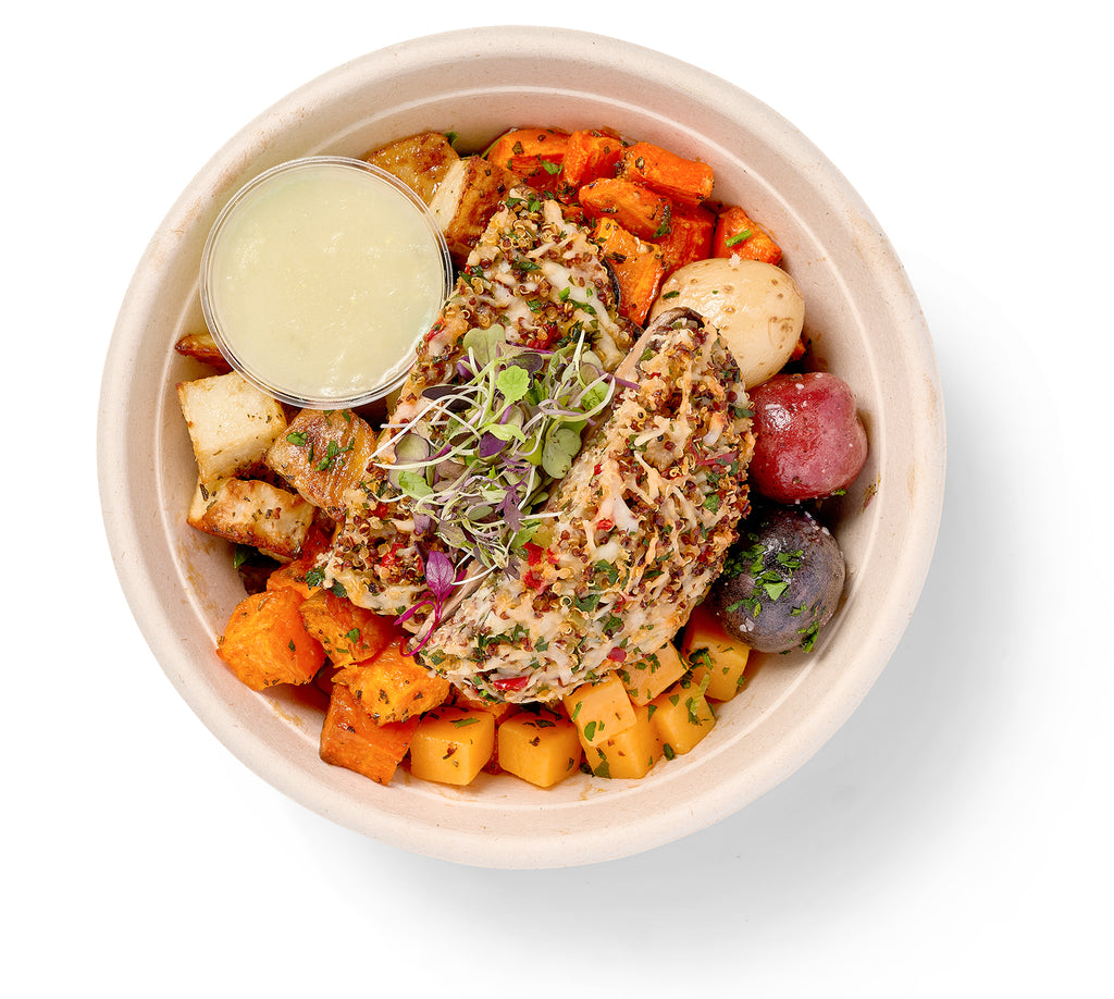 A Portobello Mushroom Cap Entree Bowl with chicken, potatoes, and vegetables in it.
