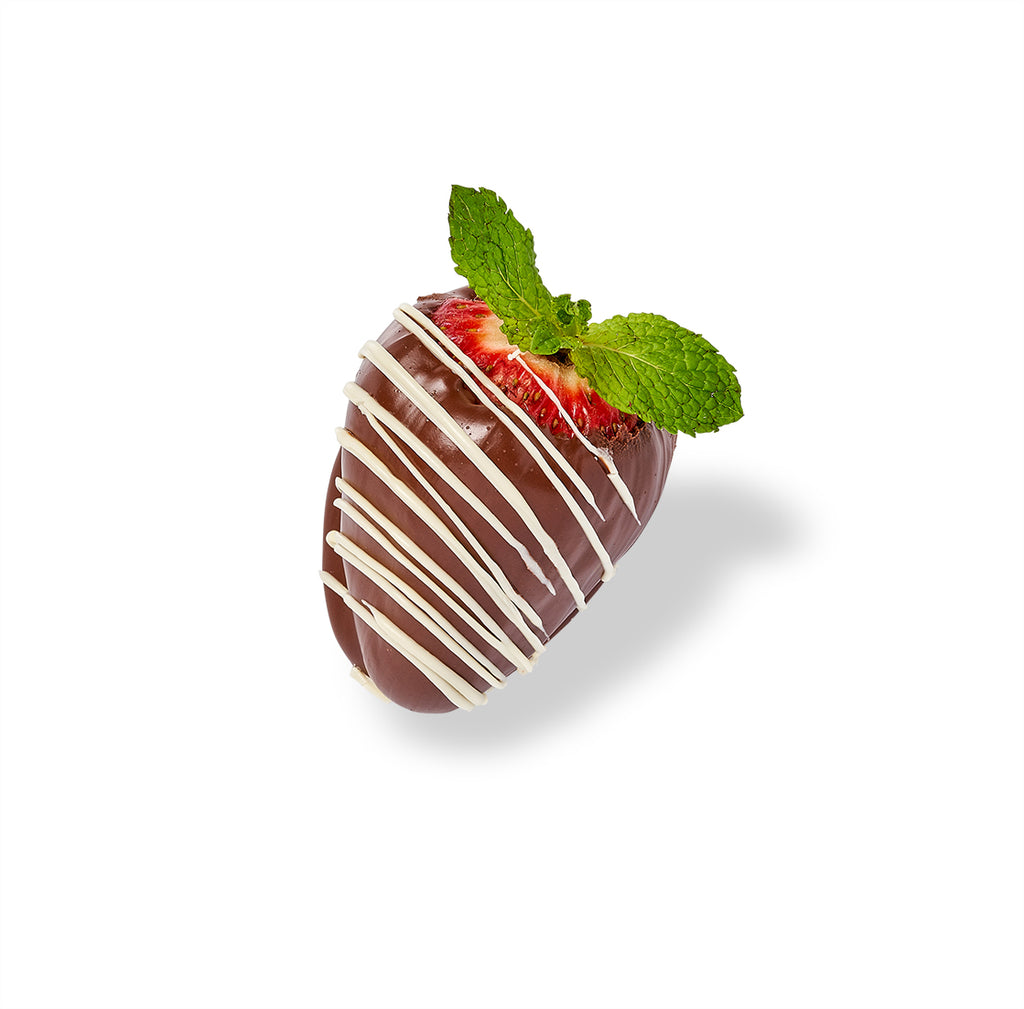 A Chocolate Dipped Strawberry, drizzled in chocolate, on a white background.