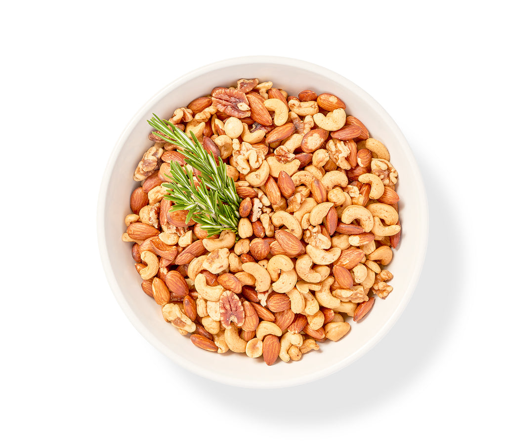 Mixed Nuts in a bowl with rosemary sprig.