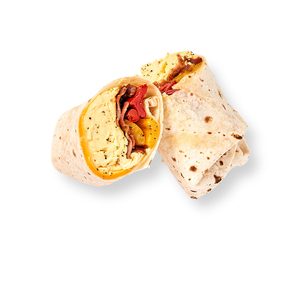 A Mini Breakfast Sandwich or Wrap is cut in half on a white background, sprinkled with pepper.