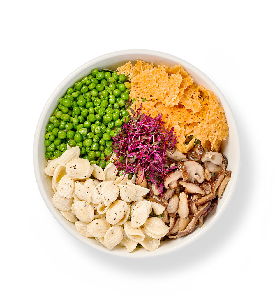 A bowl filled with Creamy Orecchiette Pasta Salad, peas and shitake mushrooms.