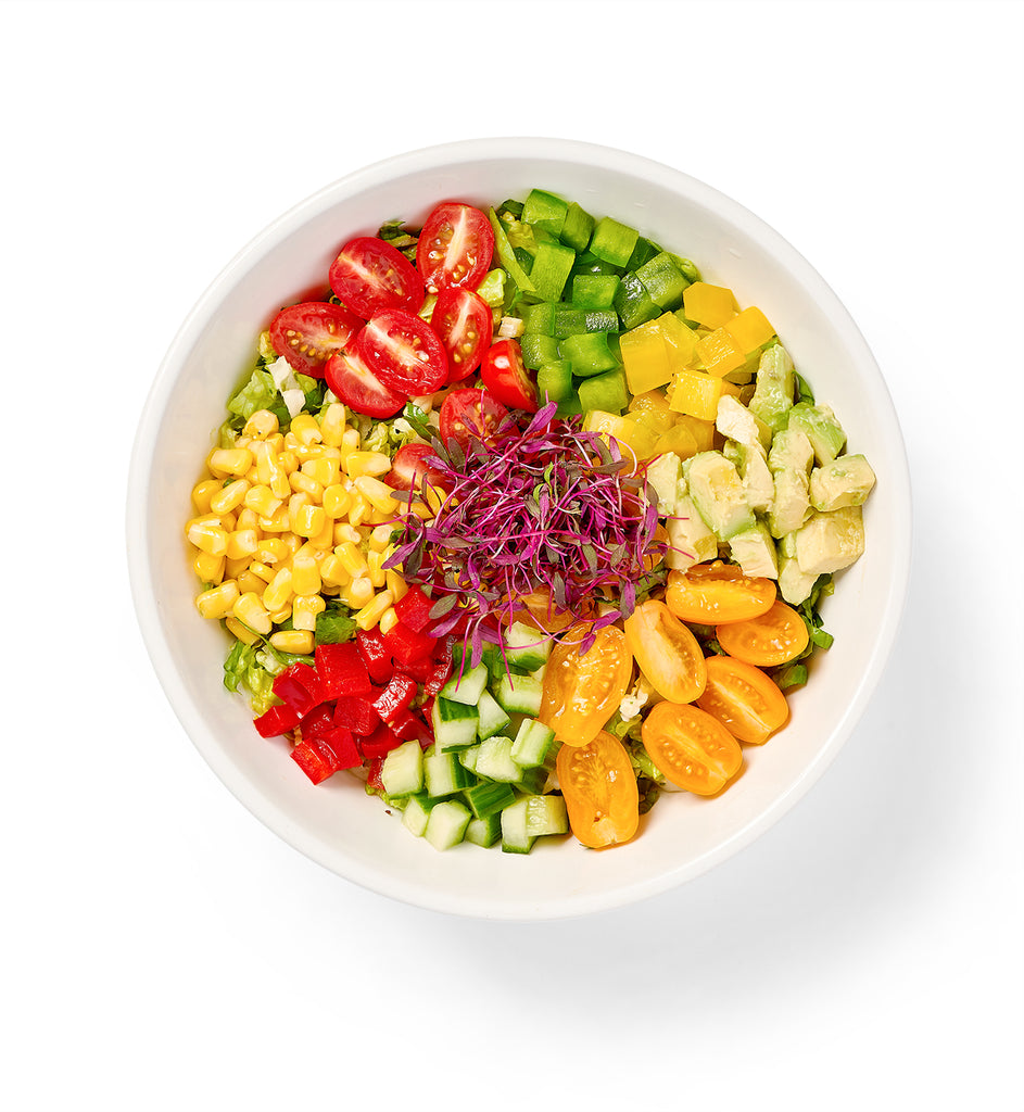 A bowl of Chopped Salad including tomatoes and romaine lettuce in a white bowl.
