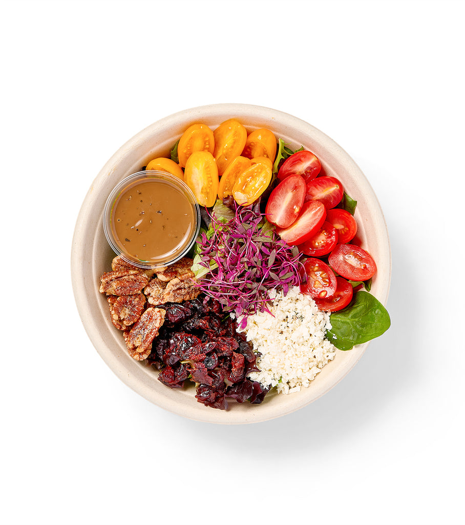 A colorful bowl filled with a variety of Paradise Individual Entree Salad, Sundried Cranberries, and Grape Tomatoes.