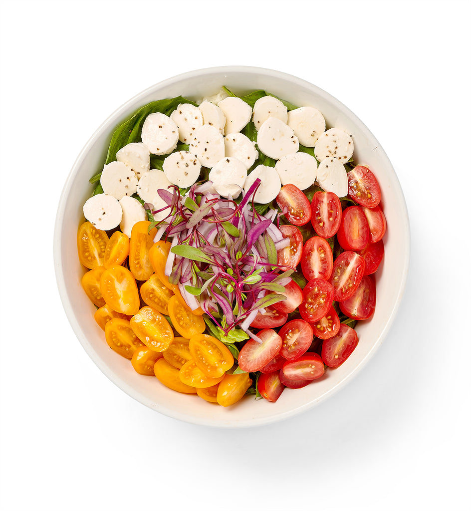 A Tomato and Mozzarella Salad filled with cherry tomatoes, cheese, and fresh basil.