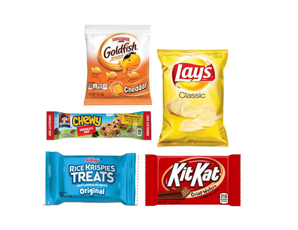 A selection of Snack Mix including chips and granola bars are displayed on a white background.